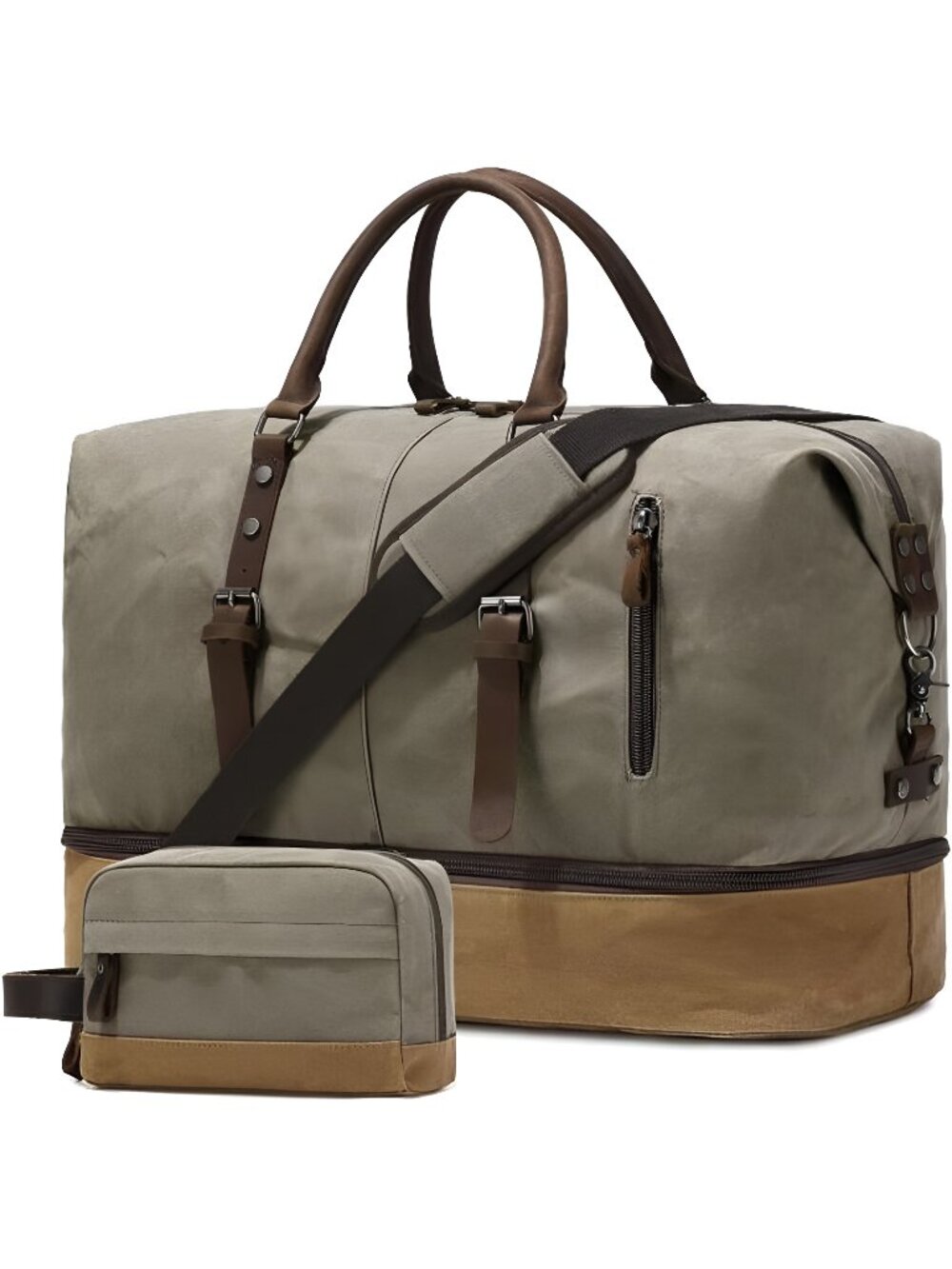 Green Waxed Canvas & Leather Duffel Bag, 20.8 x 9.8 x 14.9 inches